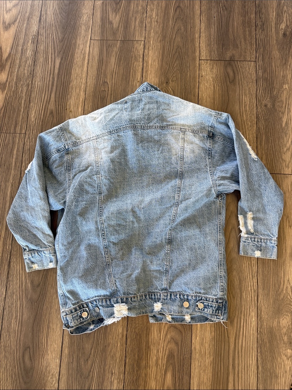 Distressed Oversized Light Wash Denim Jacket Longline Trucker Grunge - Picture 3 of 6